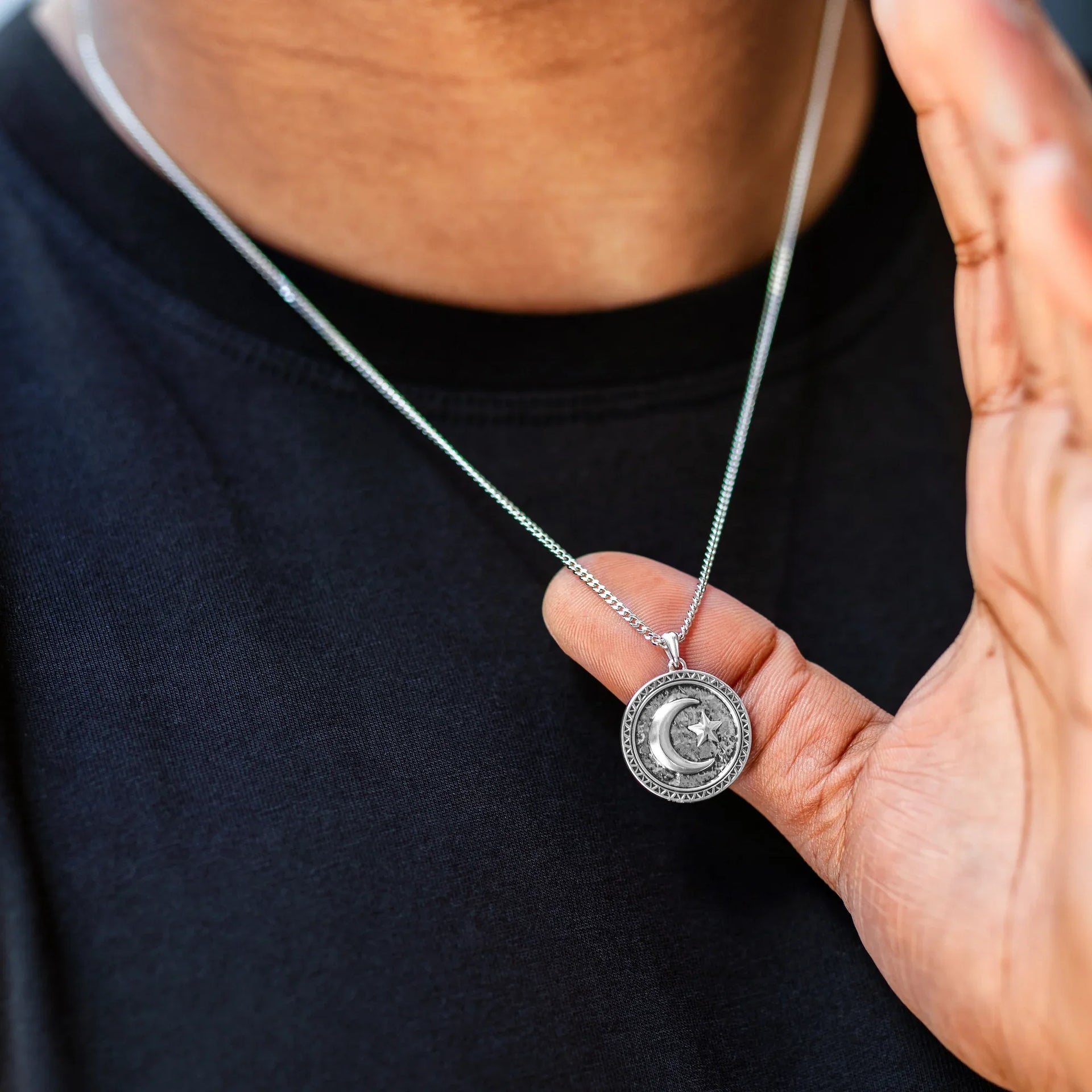 Star & Crescent Amulet Pendant in Solid Sterling Silver