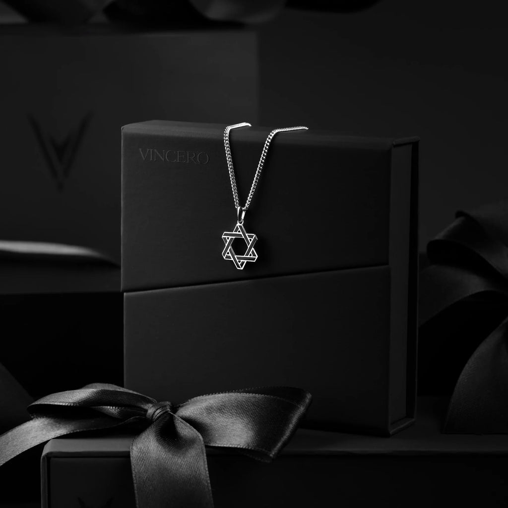 Star of David Pendant Necklace in 925 Sterling Silver Black Onyx