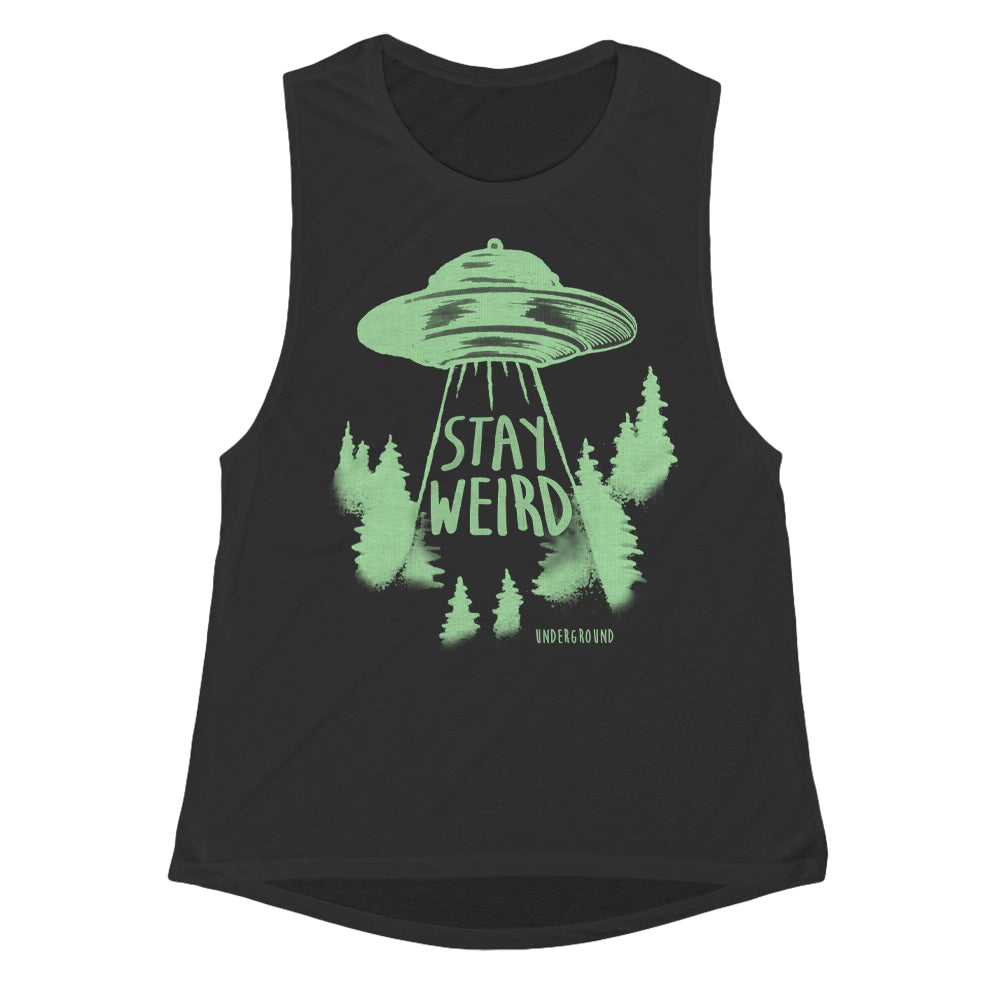Girl wearing a soft, lightweight Stay Weird graphic tank top with elongated armholes and curved hem.