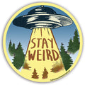 A 3x3 retro-style Stay Weird sticker in yellow, blue, and brown vinyl.