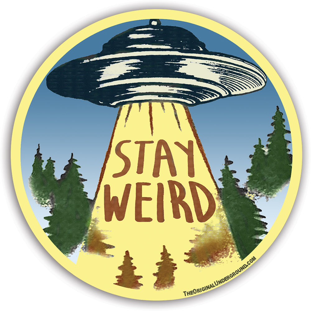 A 3x3 retro-style Stay Weird sticker in yellow, blue, and brown vinyl.
