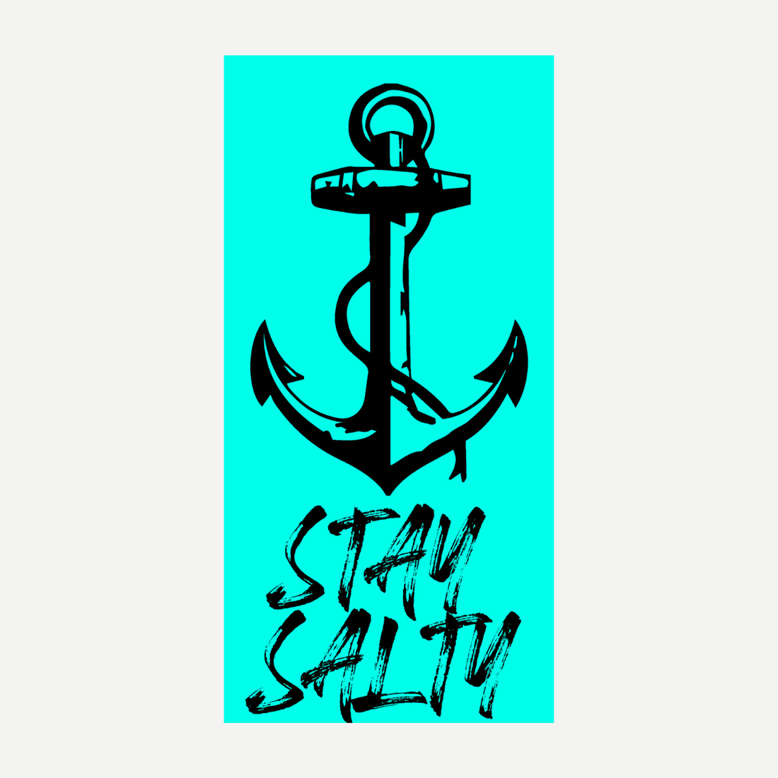 Stay Salty beach towel featuring a black anchor illustration and text on a bright turquoise background