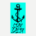 Stay Salty beach towel featuring a black anchor illustration and text on a bright turquoise background