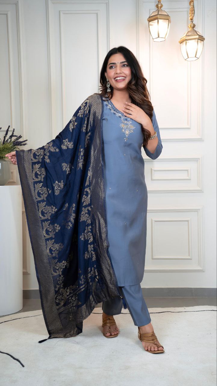 Steelblue Roman Silk Hand Work Kurta Pant Set with Dupatta