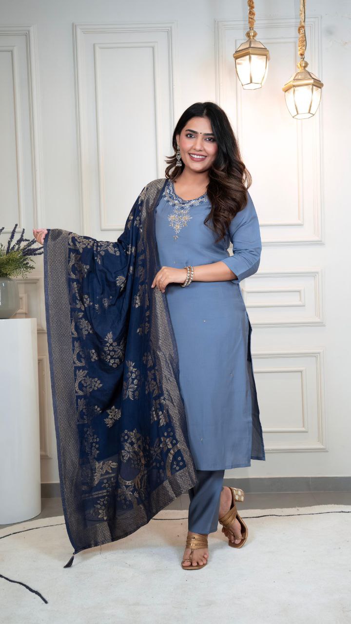 Steelblue Roman Silk Hand Work Kurta Pant Set with Dupatta