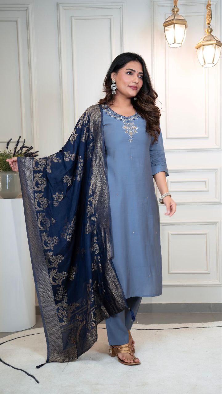 Steelblue Roman Silk Hand Work Kurta Pant Set with Dupatta