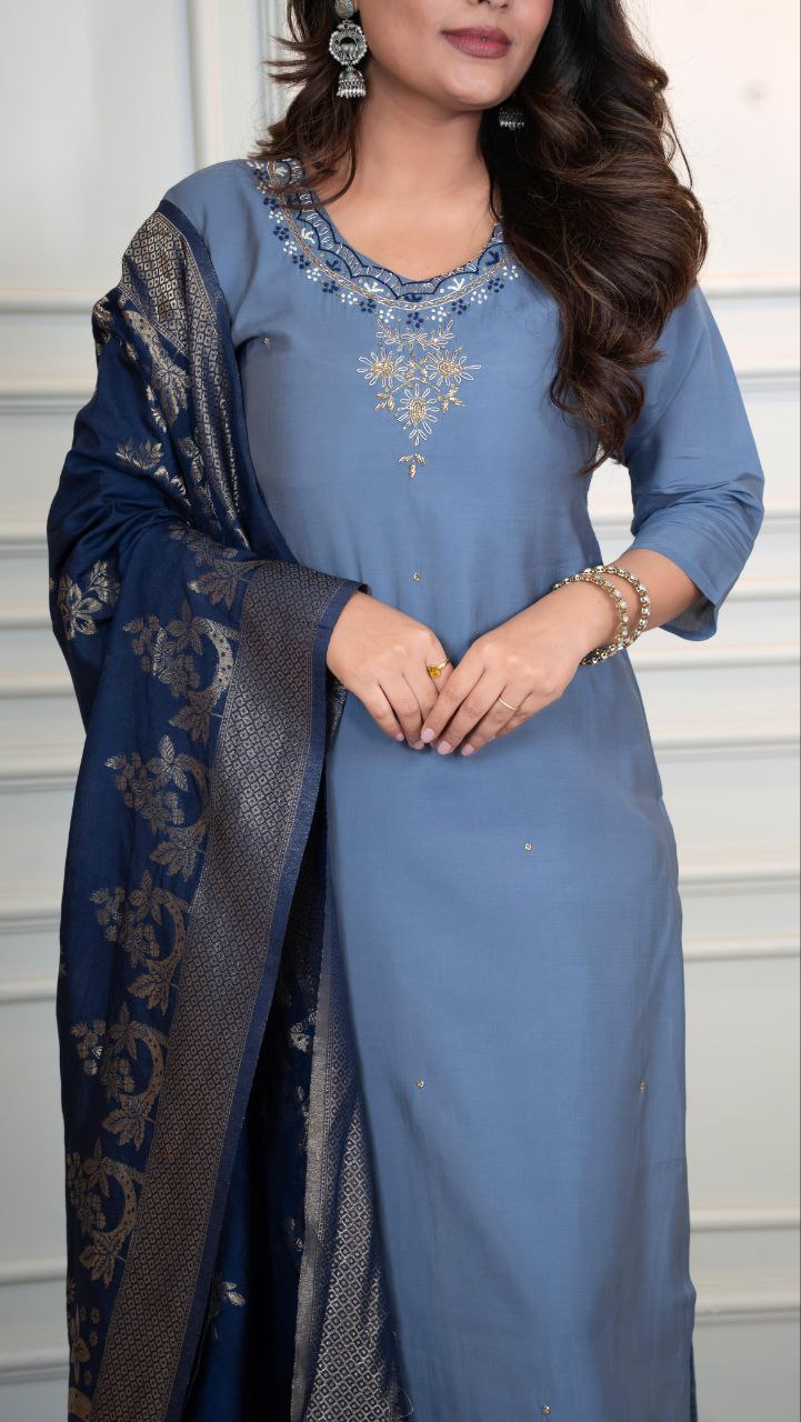 Steelblue Roman Silk Hand Work Kurta Pant Set with Dupatta