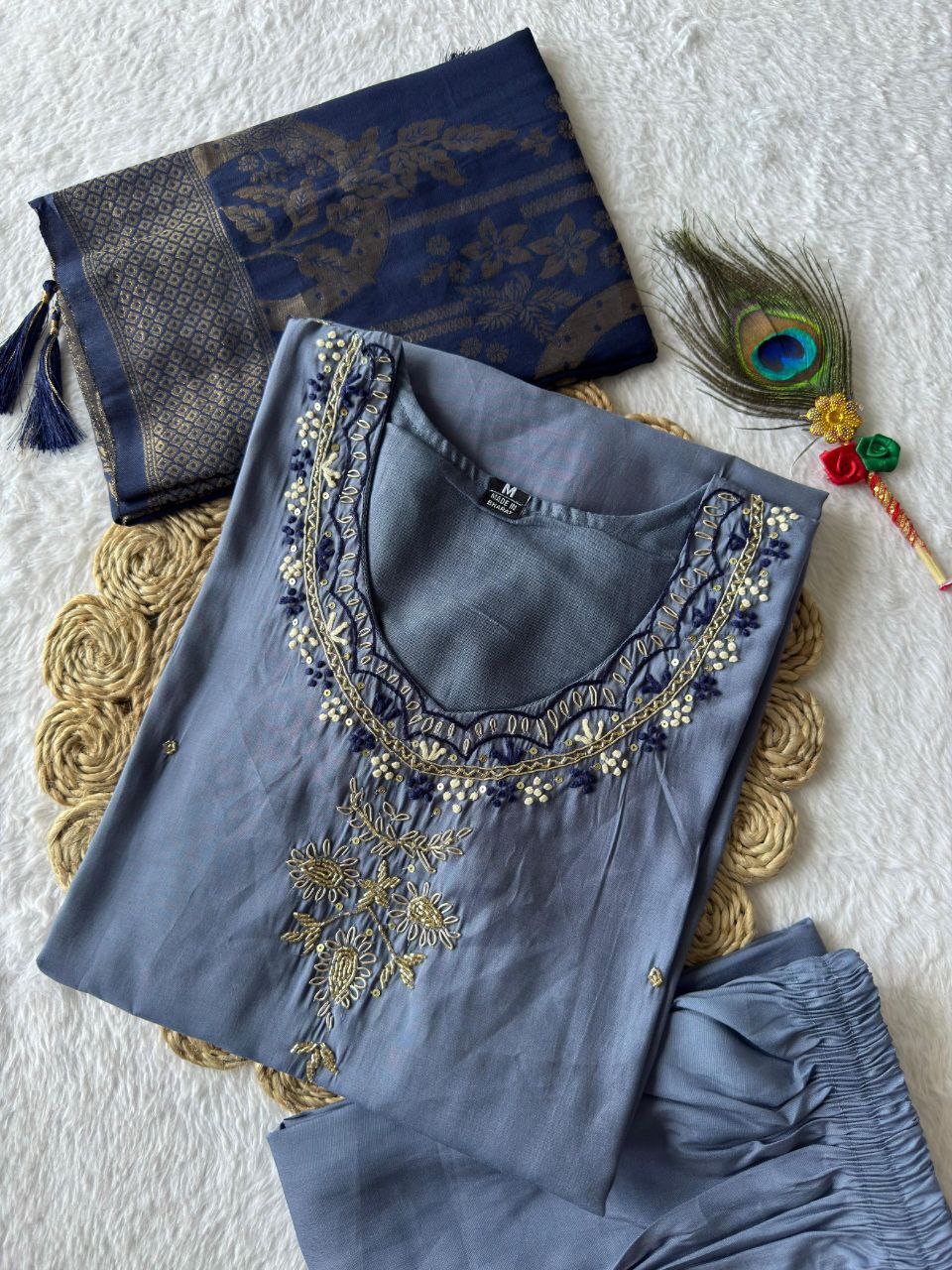Steelblue Roman Silk Hand Work Kurta Pant Set with Dupatta