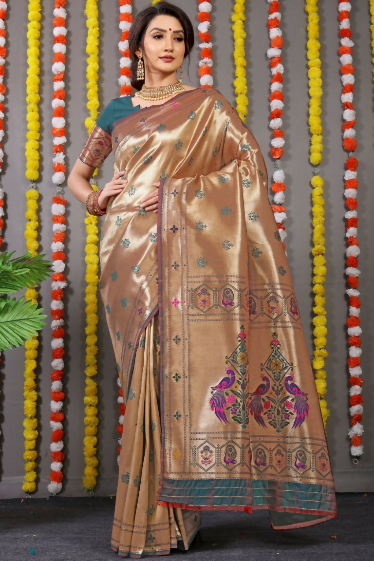 Sophisticated Grey Paithani Silk Saree with Zari weaving and matching blouse