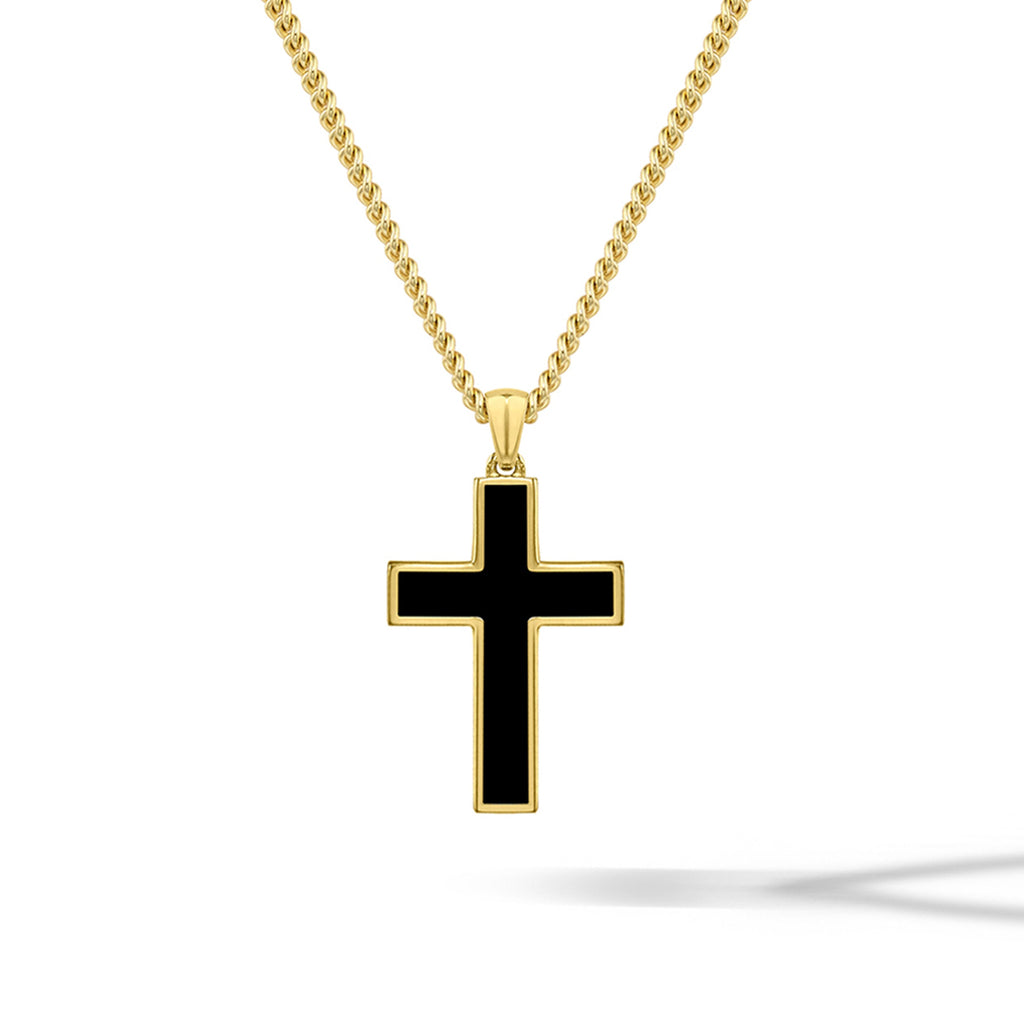 Minimalist cross pendant with black Onyx inlay and 14K gold finish on a durable stainless steel base