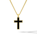 Minimalist cross pendant with black Onyx inlay and 14K gold finish on a durable stainless steel base