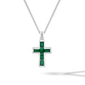 Minimalist cross pendant featuring a gemstone emerald inlay in 925 sterling silver
