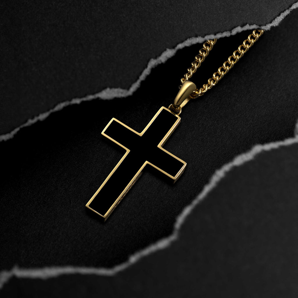 Large 14K Gold and Onyx Stone Cross Pendant