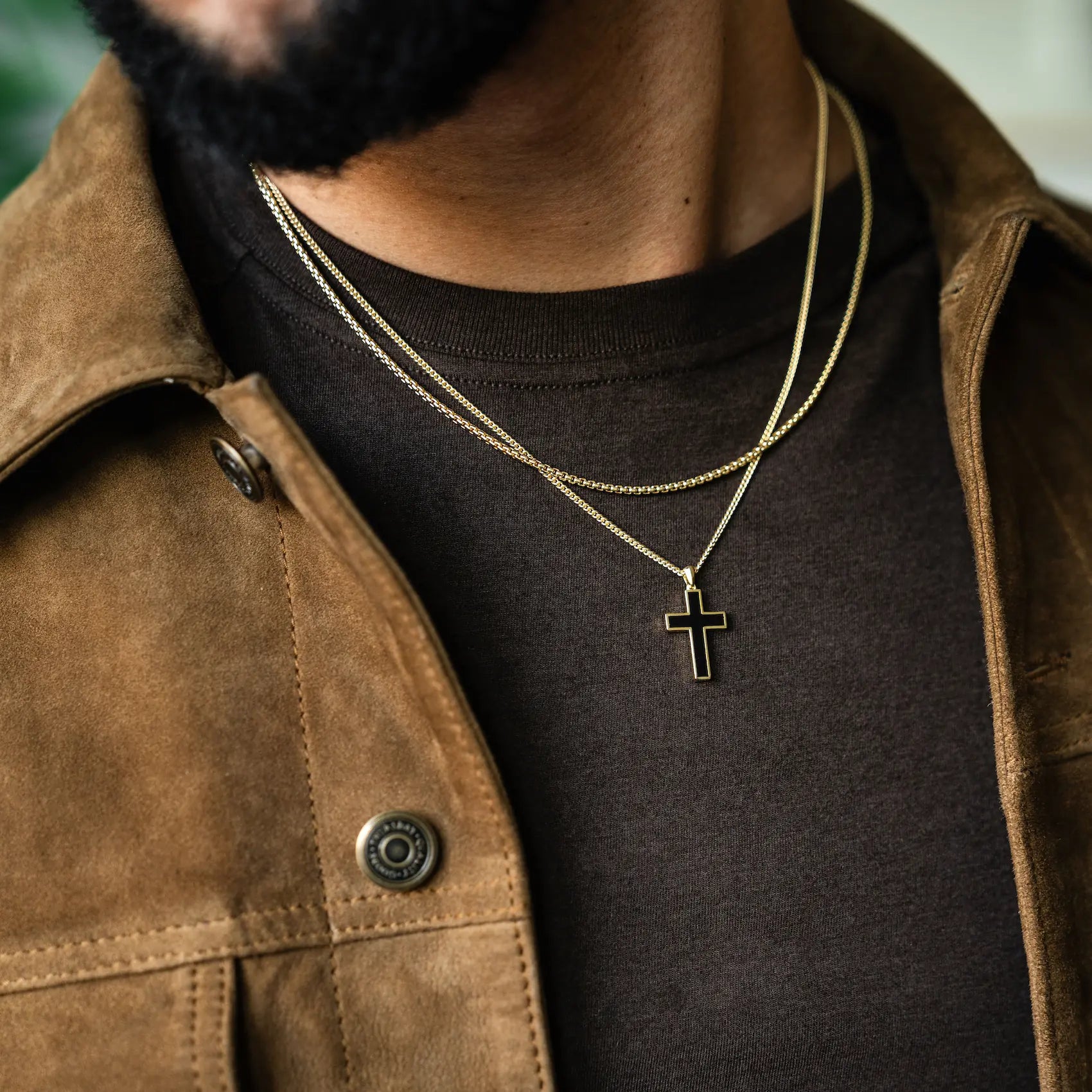 14K Gold Onyx Stone Cross Pendant - Minimalist Stainless Steel