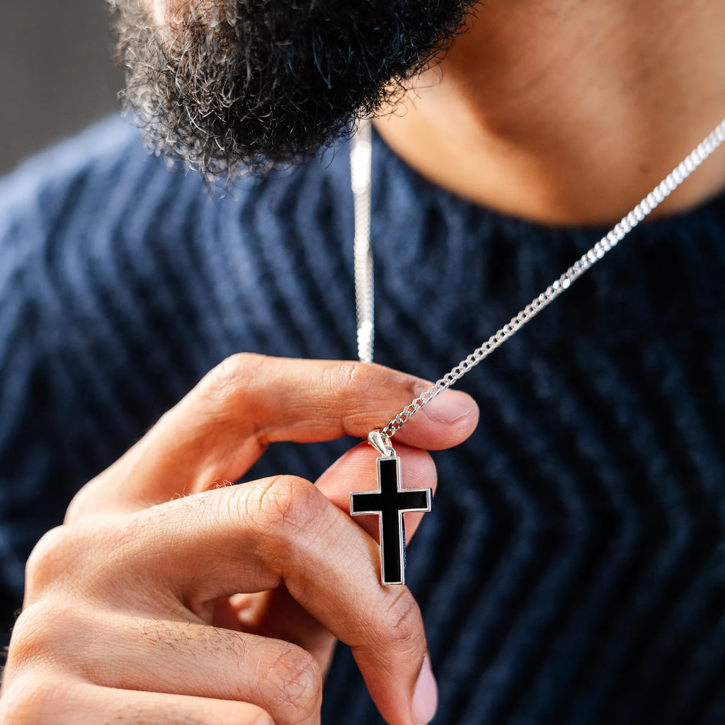 Large Black Onyx Cross Pendant in 925 Sterling Silver