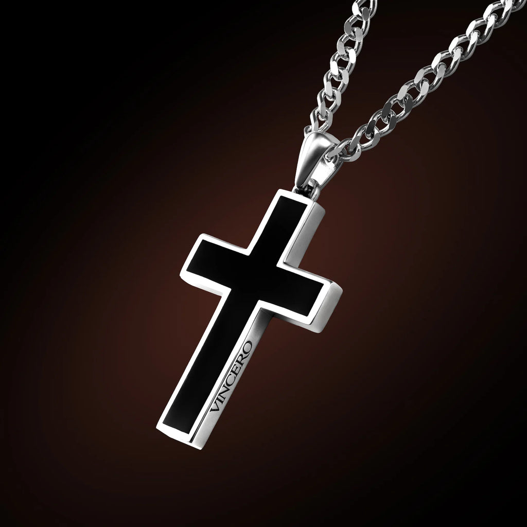 Large Black Onyx Cross Pendant in 925 Sterling Silver