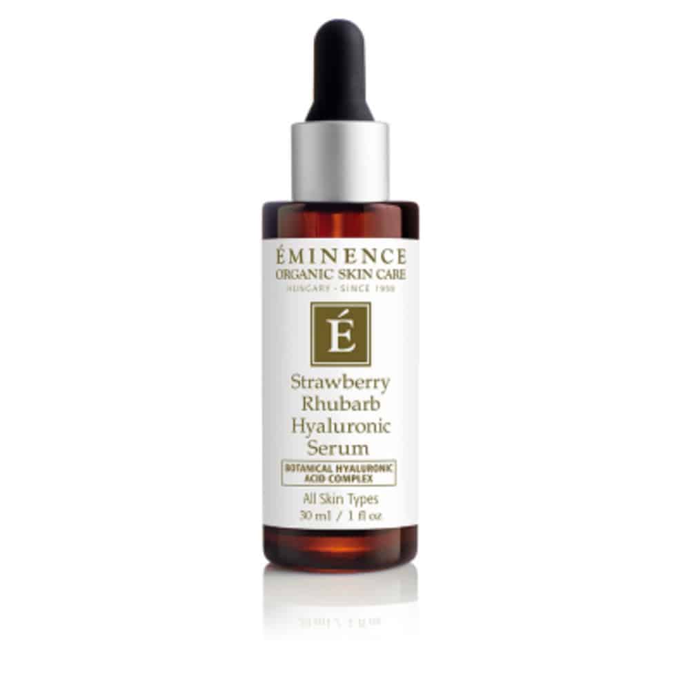 Bottle of Strawberry Rhubarb Hyaluronic Serum for intense skin hydration and a youthful glow.