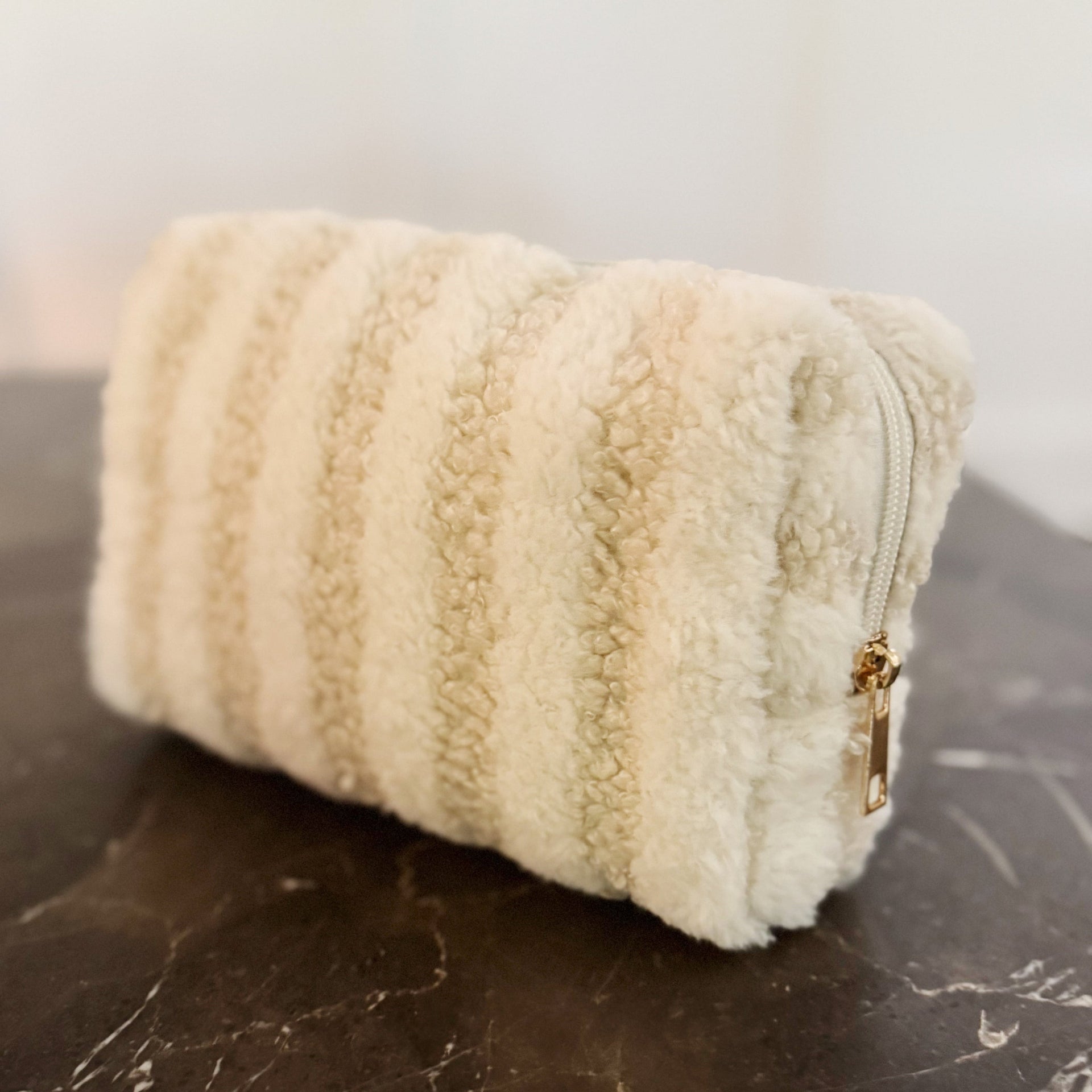 Striped Bouclé Slim Cosmetic Case – Compact Makeup Pouch for Travel or Everyday Use