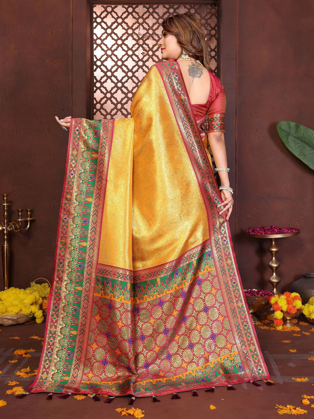 Gold Tissue Silk Weaving Saree with Maroon Blouse Piece