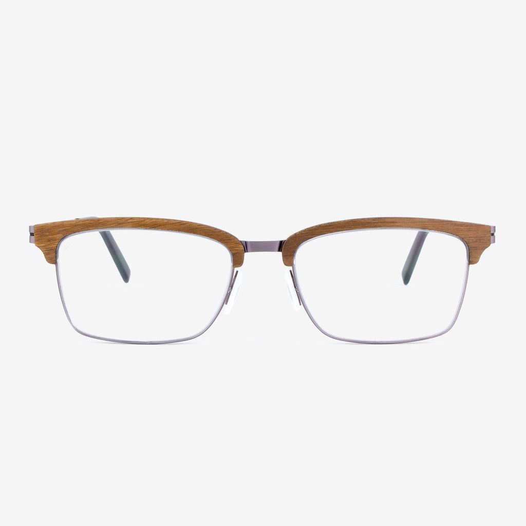 Stuart rectangular wood and metal eyeglasses in brown, silver, and black