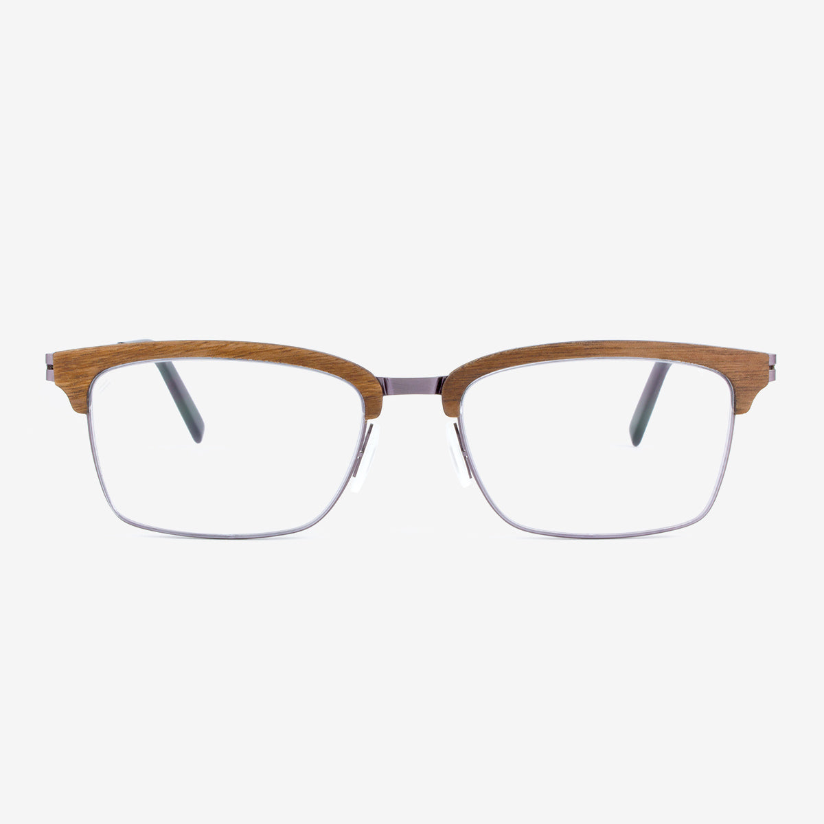 Stuart rectangular wood and metal eyeglasses in brown, silver, and black