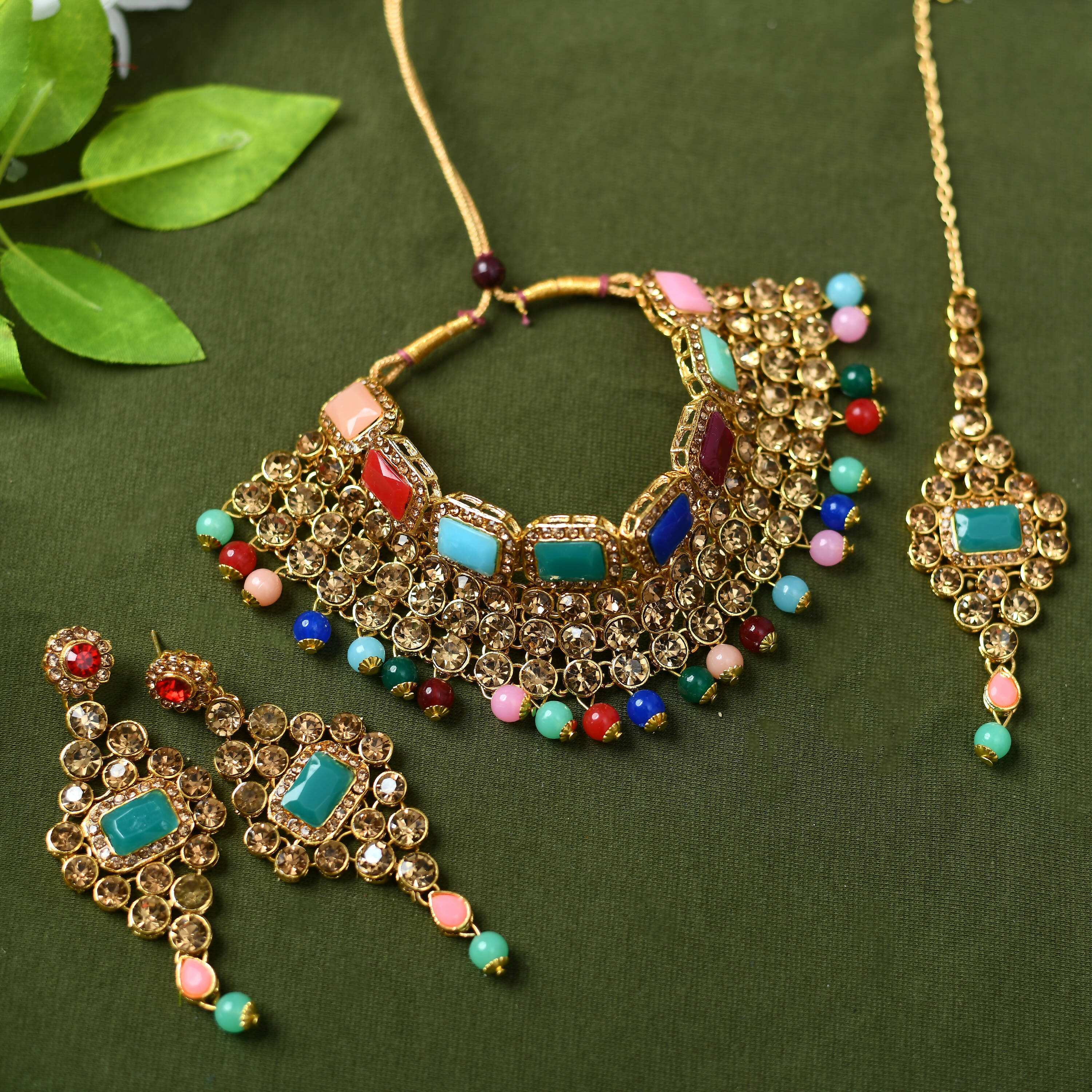 Heavy Rajwadi-style gold-polished multi-color necklace set