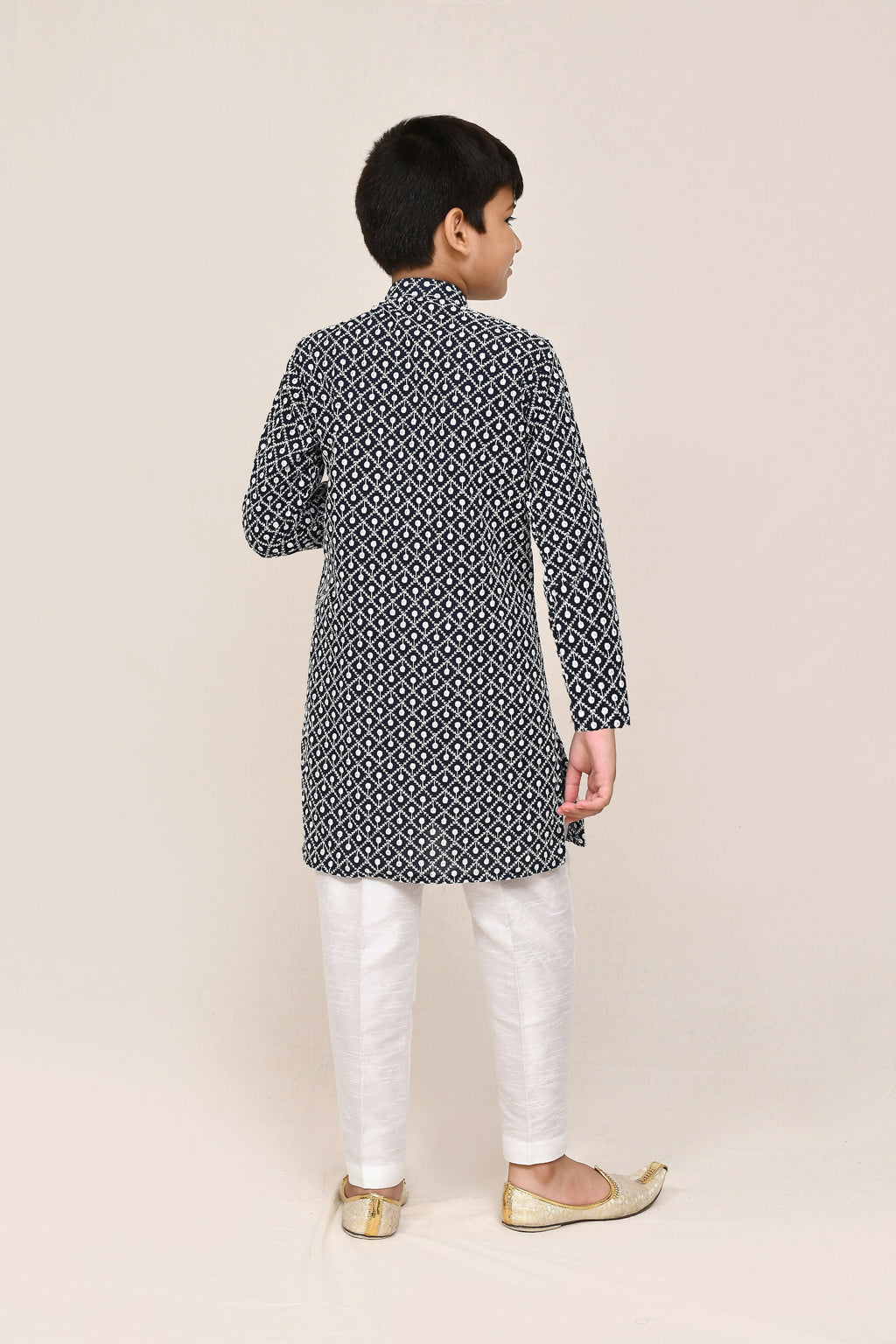 Navy Blue Cotton Kurta with White Straight Fit Pant Set