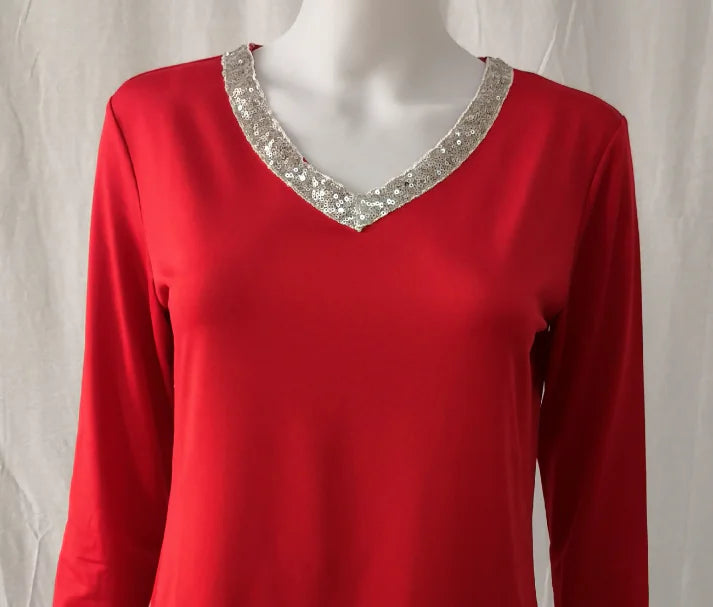 Women's Black Long Sleeve V Neck T-Shirt with Sequin Trim - Image 20