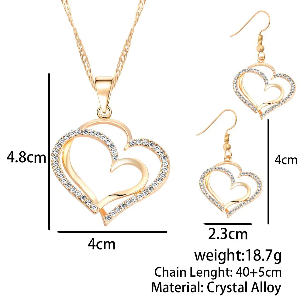 Double Heart Earrings and Necklace Wedding Set