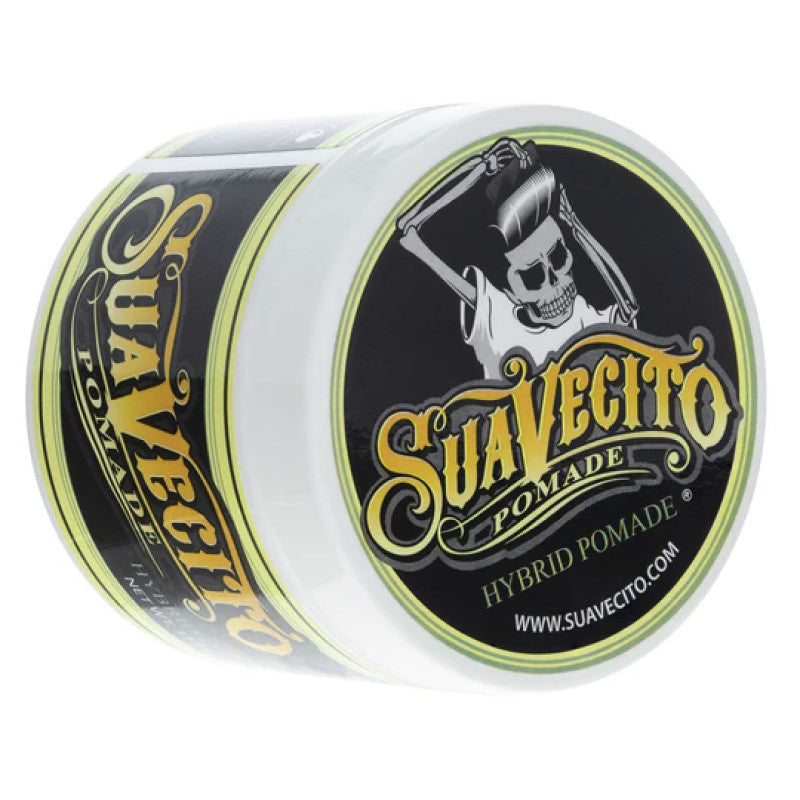 A 4oz jar of Suavecito Hybrid Pomade, a versatile hair styling product offering medium hold and high shine.