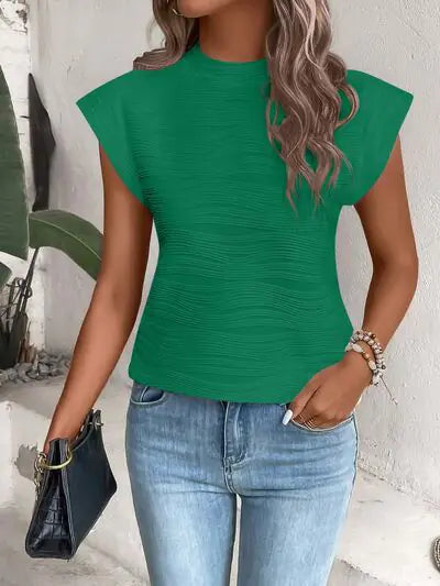 White Textured Wave Pattern Cap Sleeve Top - Image 13
