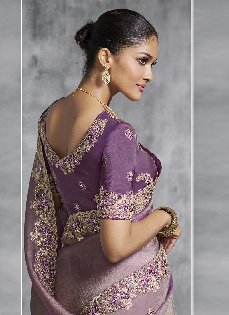 Lavender Silk Embroidered Wedding Wear Saree
