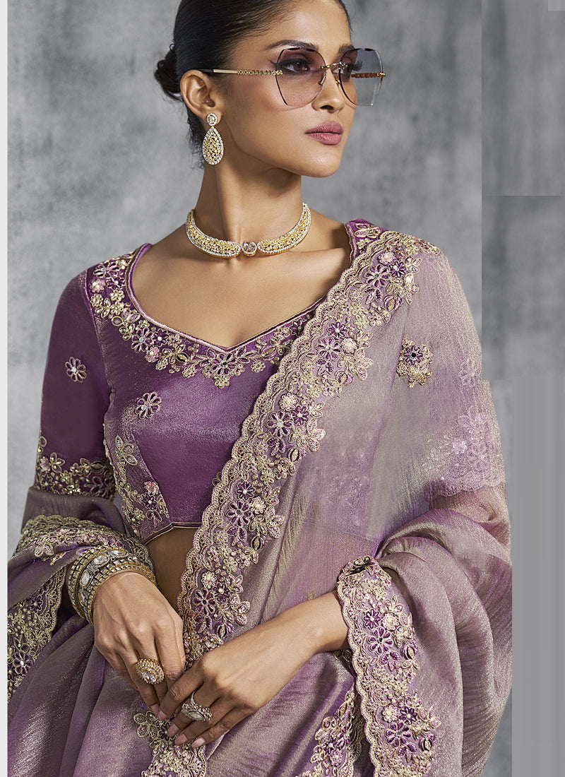 Lavender Silk Embroidered Wedding Wear Saree