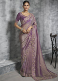 Lavender silk saree with heavy intricate embroidery