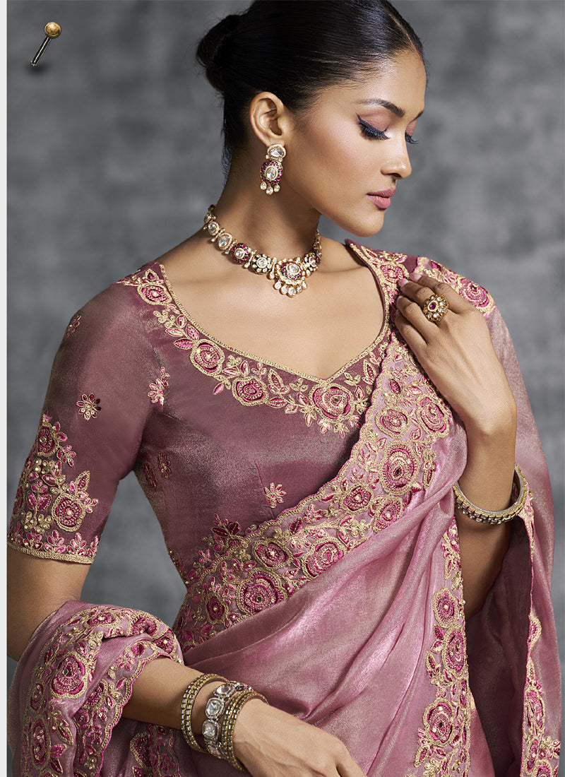 Peach Art Silk Embroidered Saree for Wedding and Festive Wear