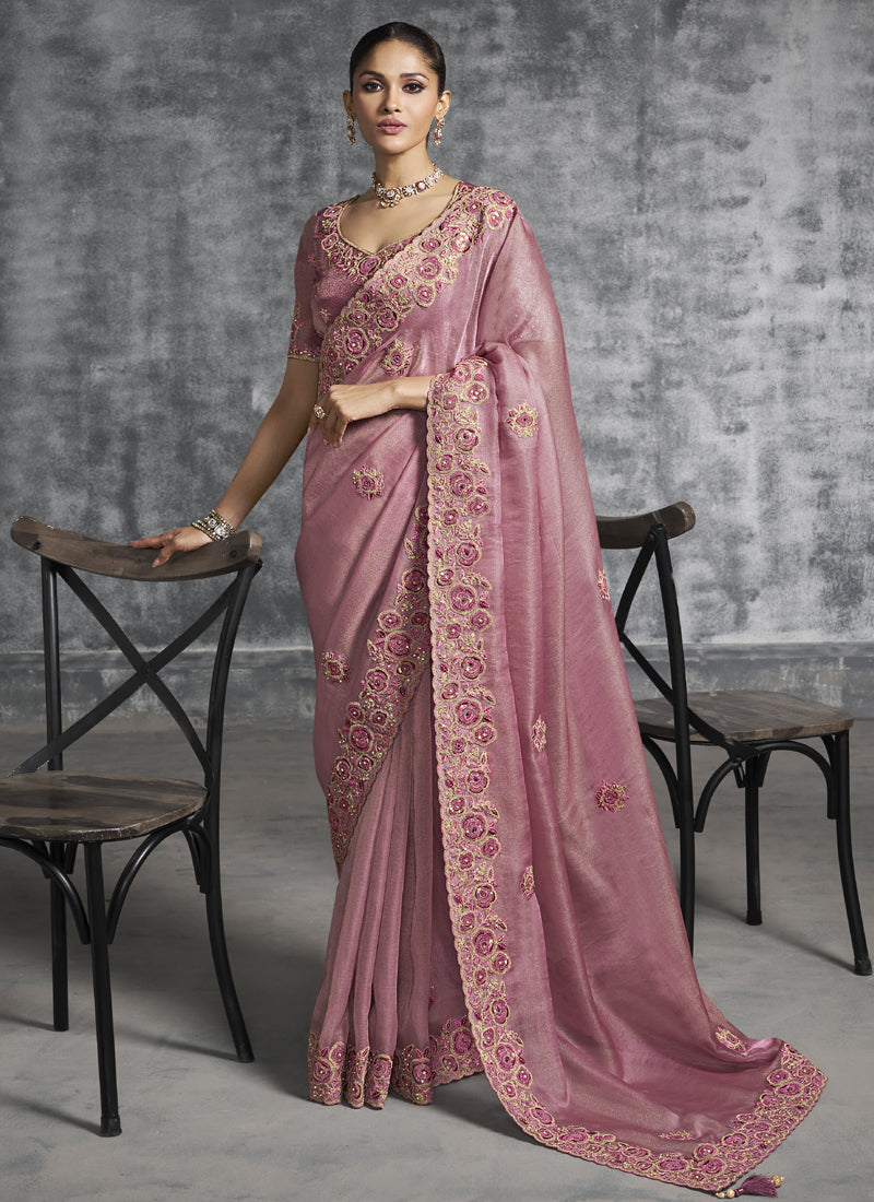 Peach art silk saree with heavy intricate embroidery for wedding events