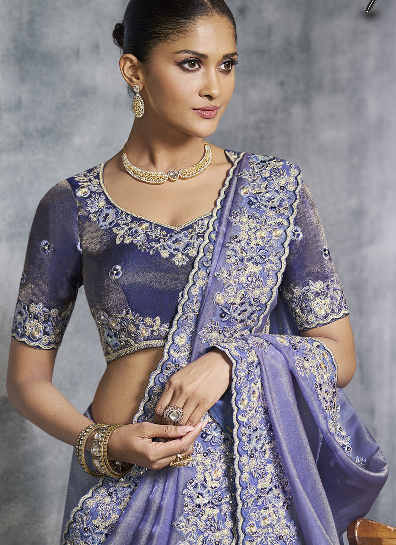 Lavender Silk Embroidered Saree for Weddings and Festive Parties