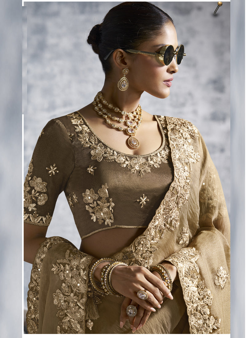 Beige Silk Embroidered Saree for Weddings and Festive Parties