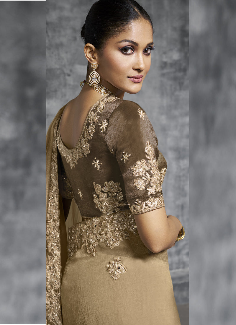 Beige Silk Embroidered Saree for Weddings and Festive Parties