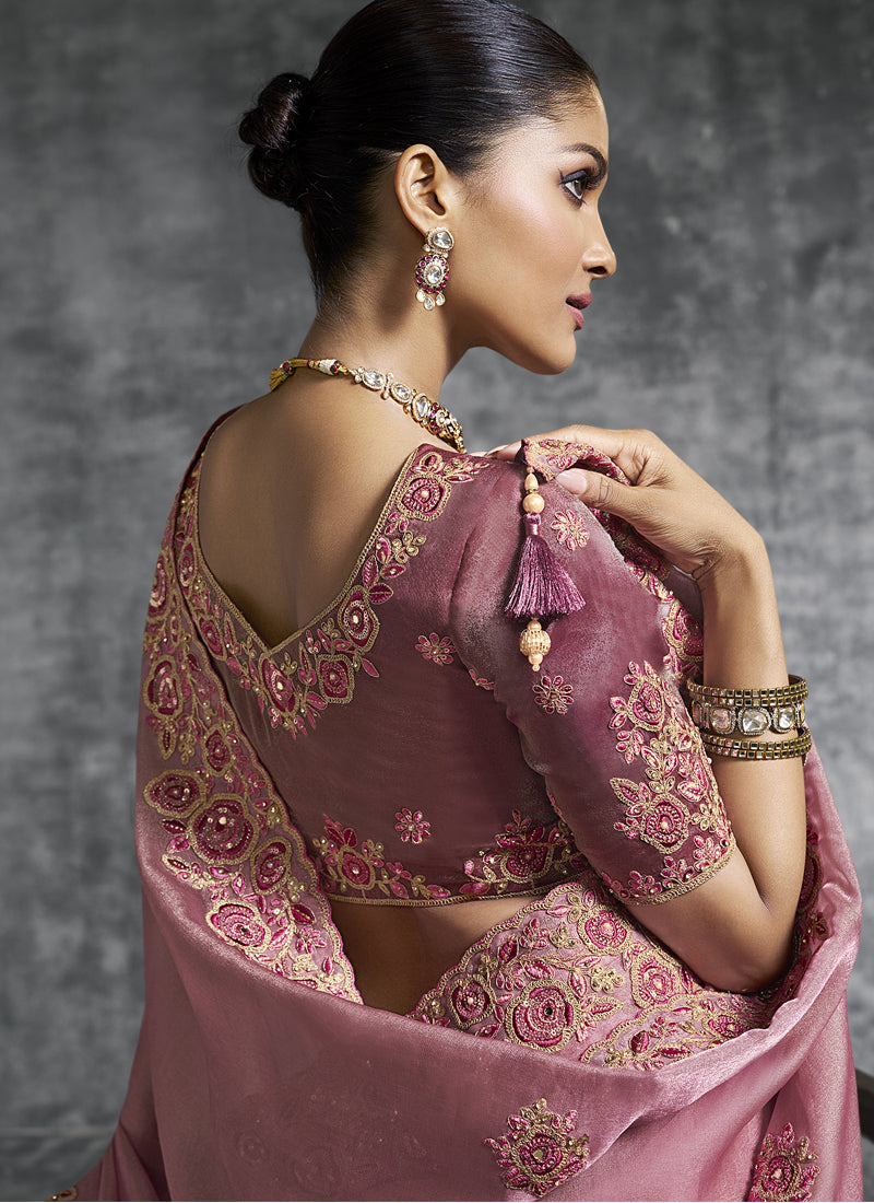 Peach Art Silk Embroidered Saree for Wedding and Festive Wear
