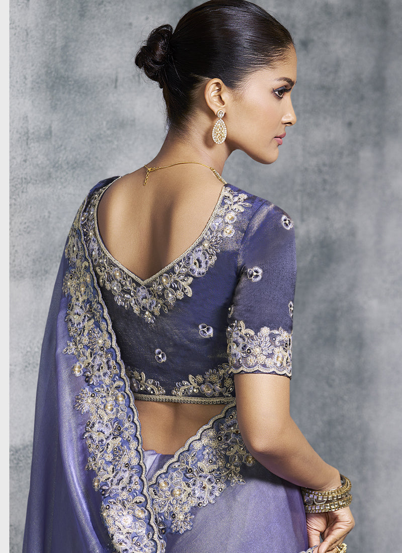 Lavender Silk Embroidered Saree for Weddings and Festive Parties