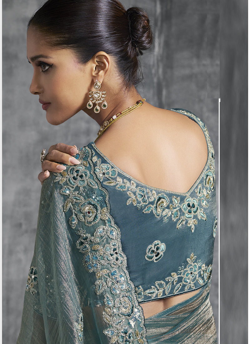 Vegaa Fashion Turquoise Silk Embroidered Wedding Wear Saree