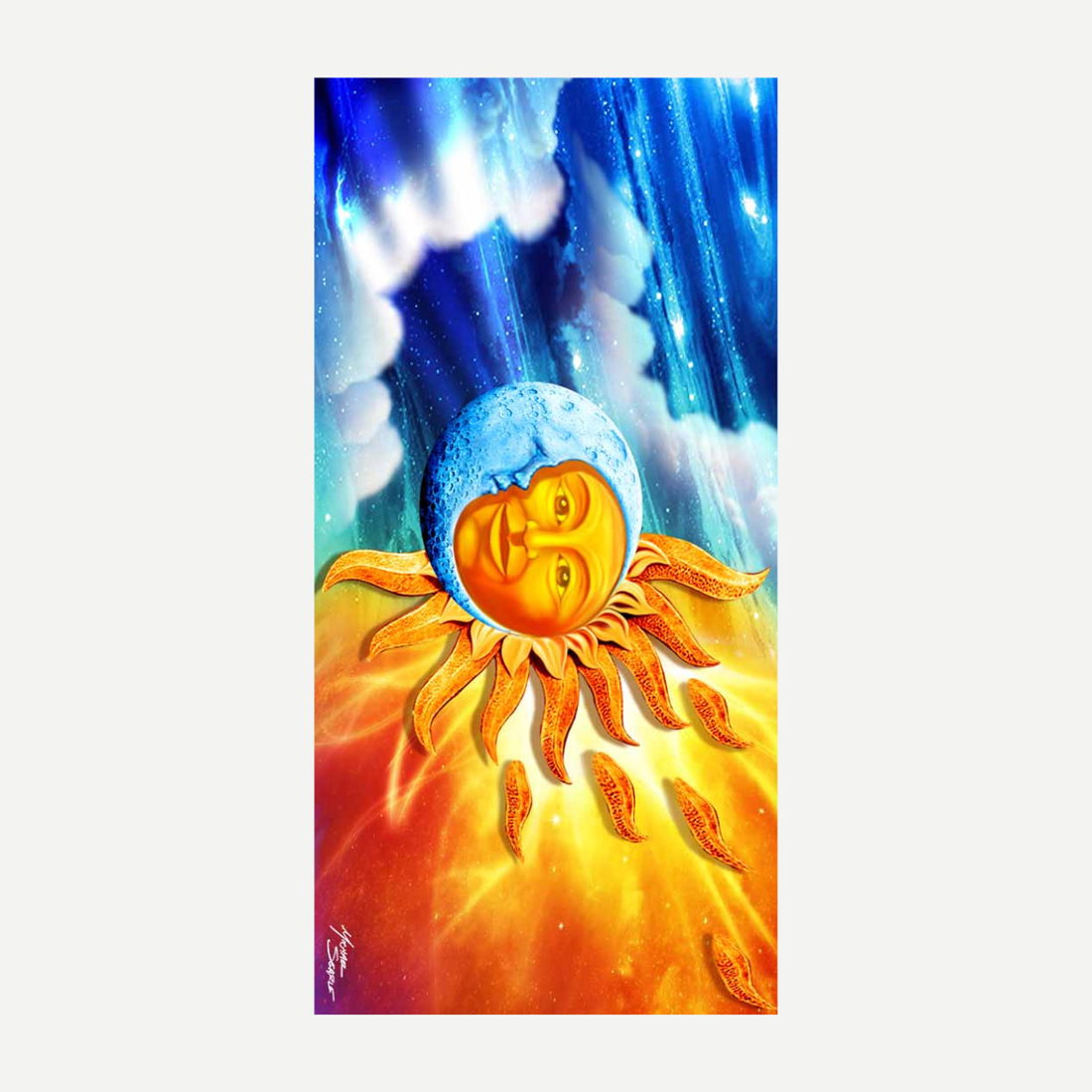 A rectangular beach towel featuring a colorful artistic design of a sun and moon merging together against a starry sky and bright orange backdrop.