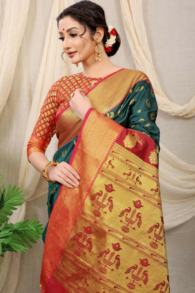 Bottle Green Banarasi Silk Zari Woven Saree with Red Blouse