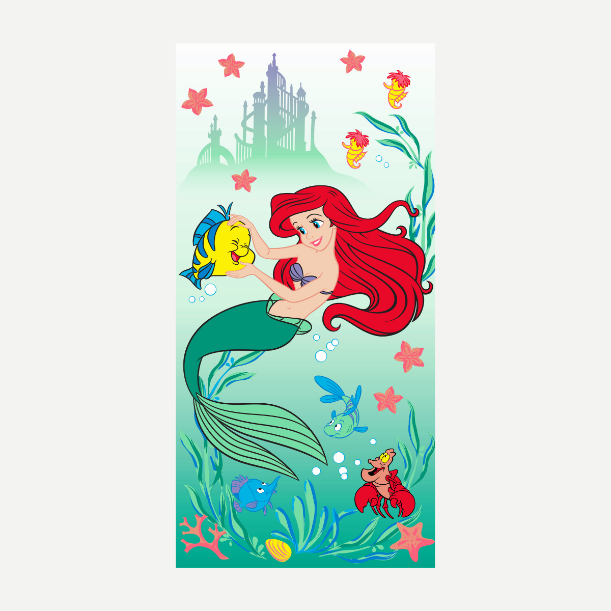 Disney Little Mermaid beach towel featuring Ariel, Flounder, and Sebastian in an underwater scene with a teal gradient background.