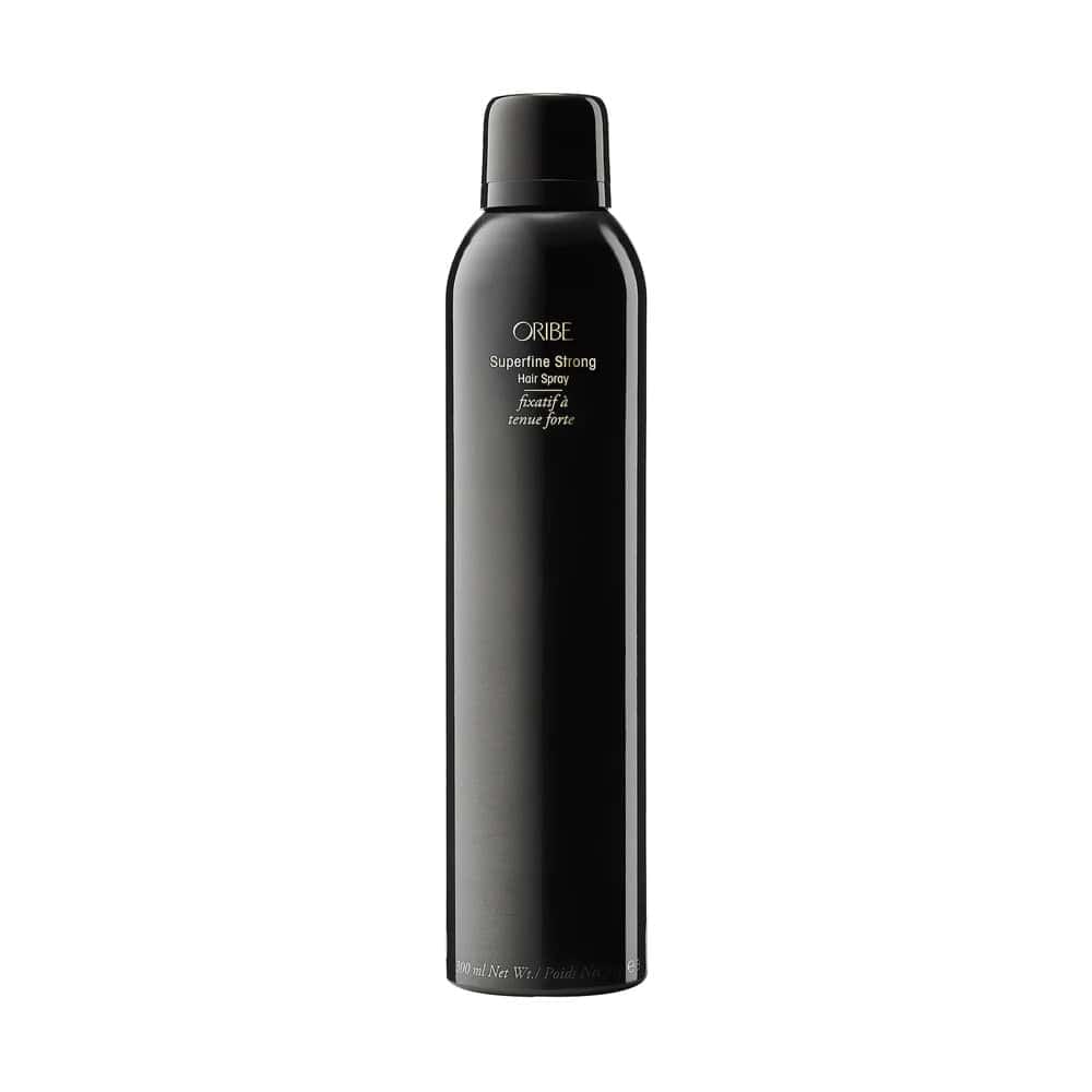 Oribe Superfine Strong Hair Spray in a sleek black bottle, professional hair styling mist.