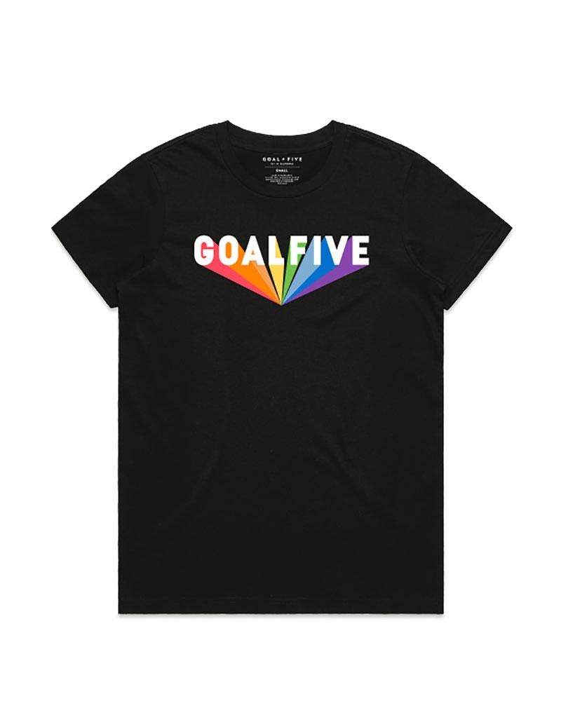 A black short-sleeve cotton t-shirt with a rainbow-colored graphic logo on the chest, displayed against a plain background.