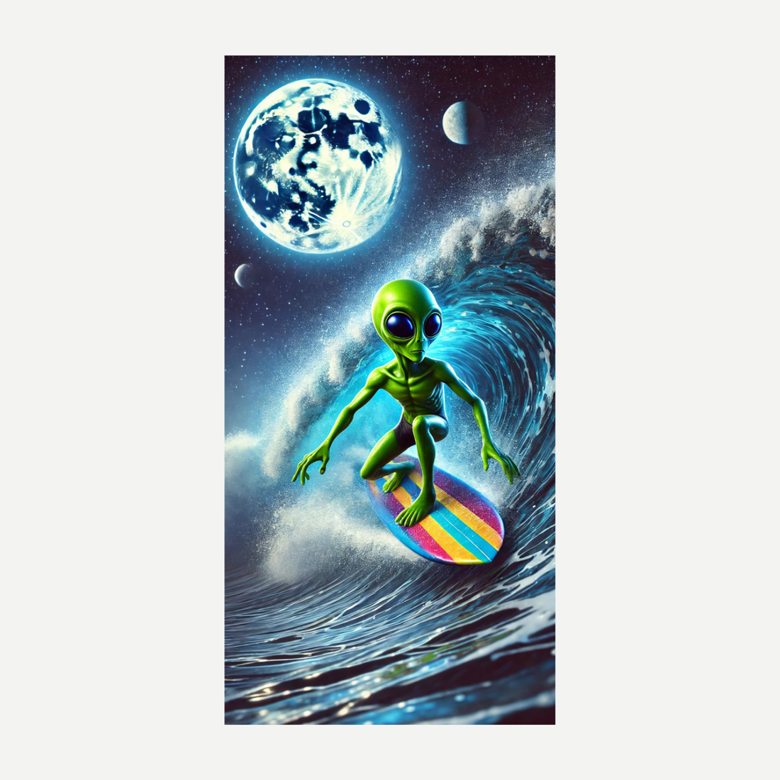 A soft cotton beach towel featuring a graphic print of a surfing alien on a sunny wave background.