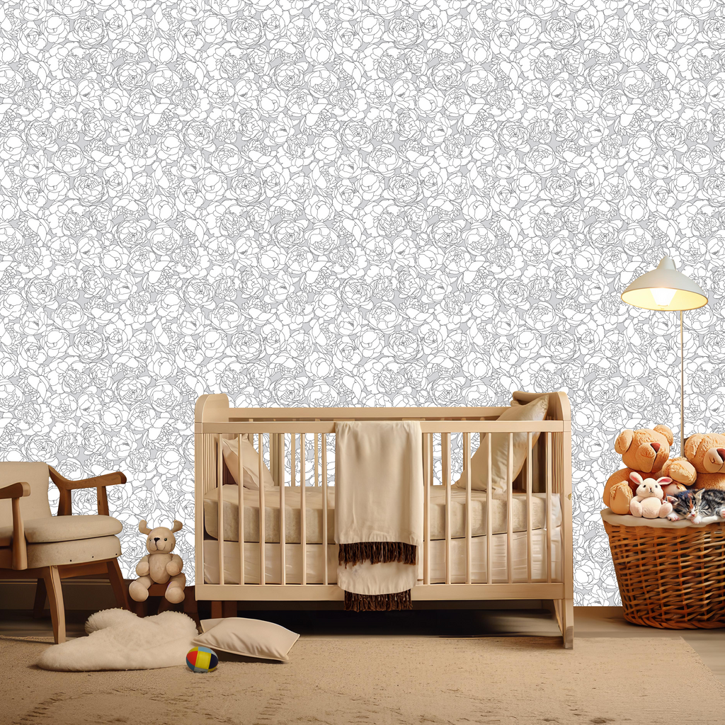 Suri floral wallpaper in a minimalist color palette of white, grey, beige, and blush-pink.