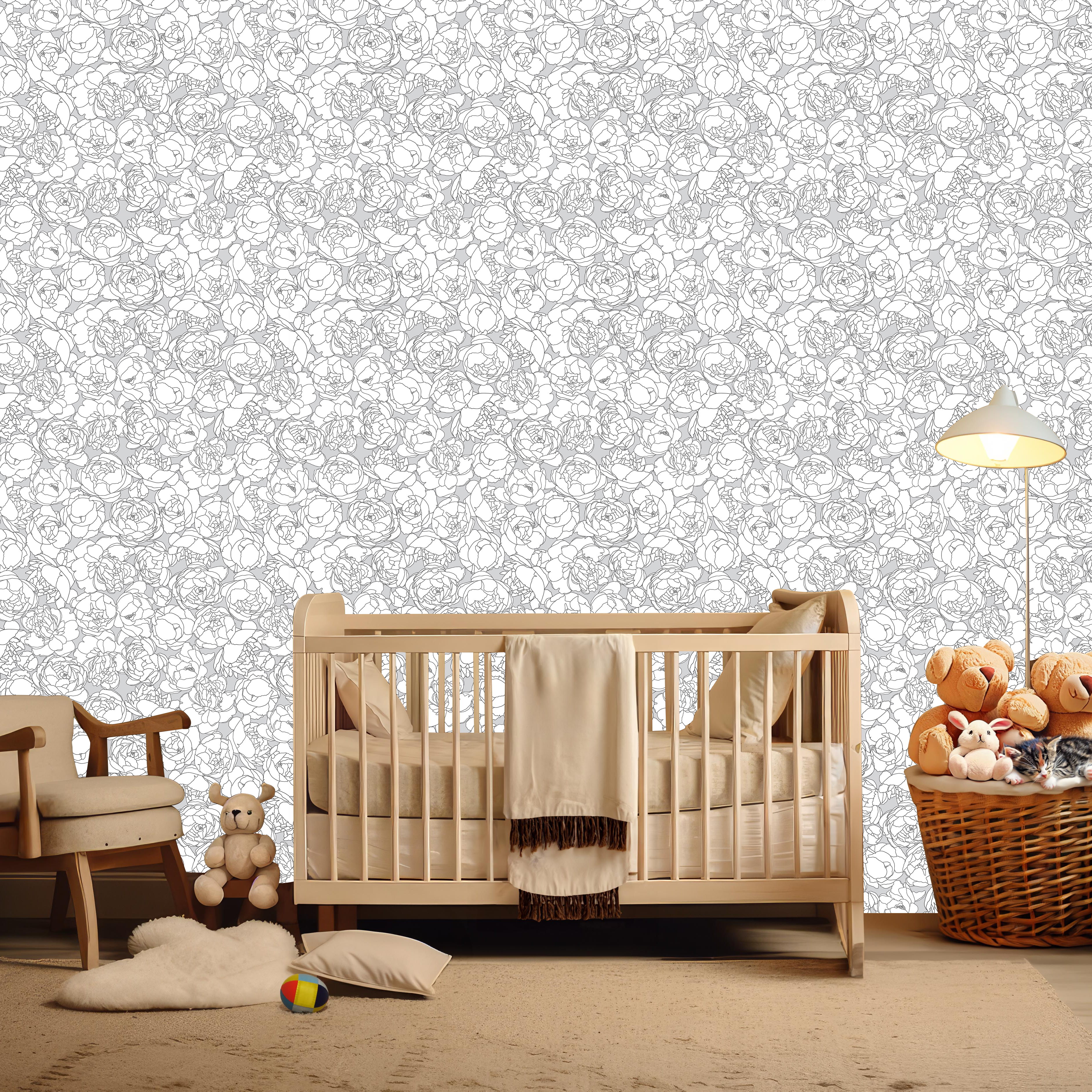Suri floral wallpaper in a minimalist color palette of white, grey, beige, and blush-pink.